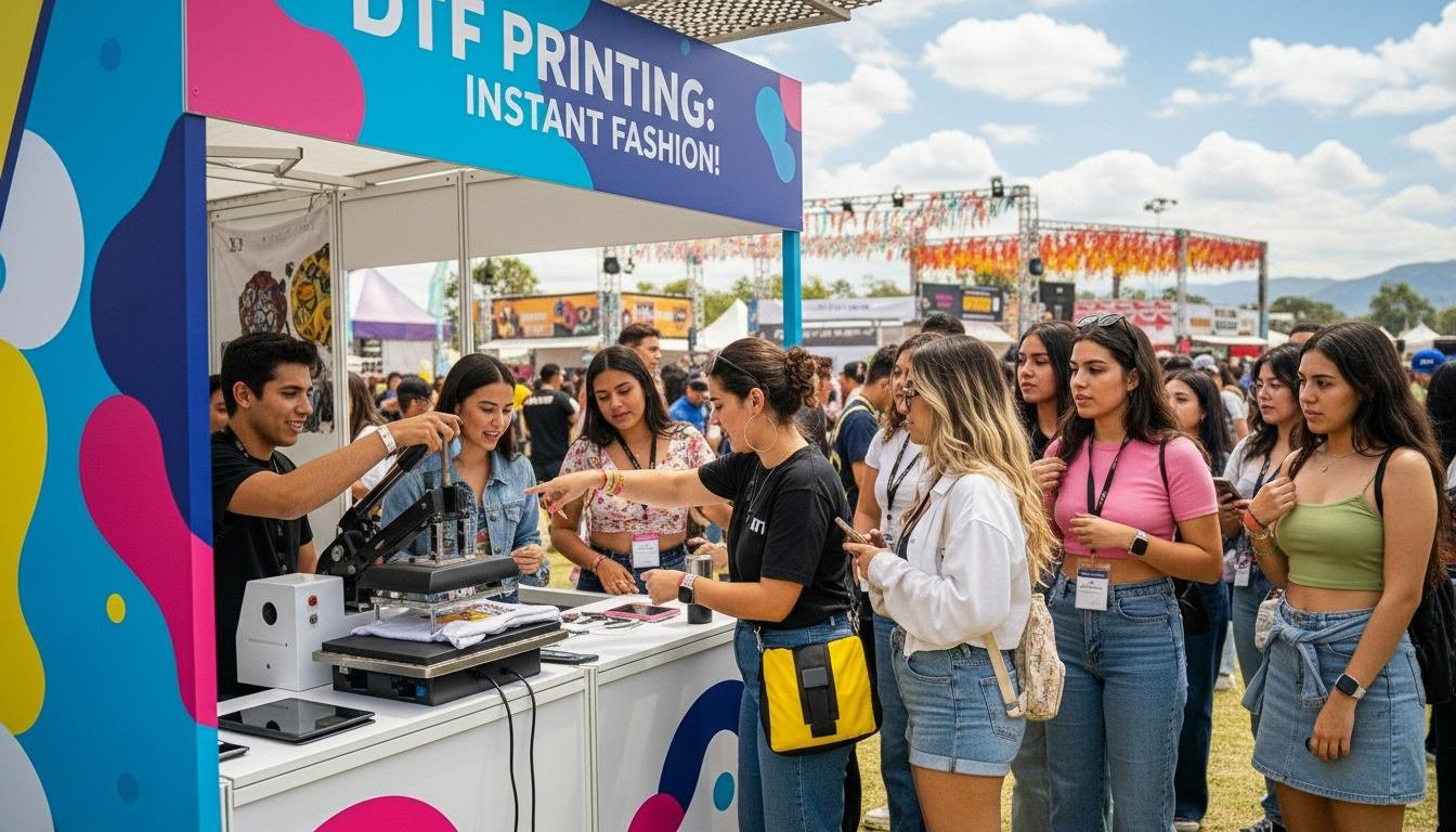 Estación de estampado en vivo con público esperando su prenda personalizada
