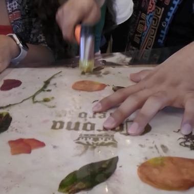 Taller de estampado botánico con hojas y flores sobre tela